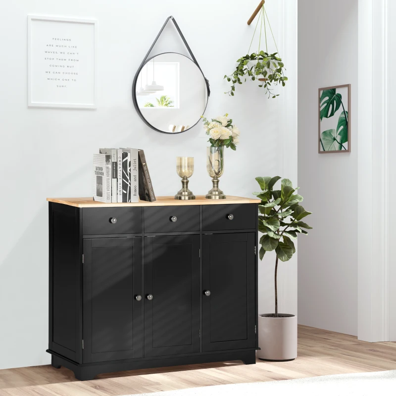 HOMCOM Kitchen Storage Cabinet, Sideboard Floor Cupboard with Solid Wood Top, Adjustable Shelf, and 3 Drawers, Black