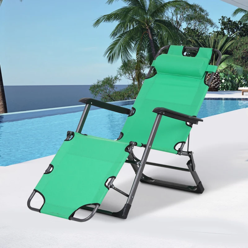 Outsunny Folding Chaise Lounge Chair for Outside, 2-in-1 Tanning Chair with Pillow & Pocket, Adjustable Pool Chair for Beach, Patio, Lawn, Deck, Green