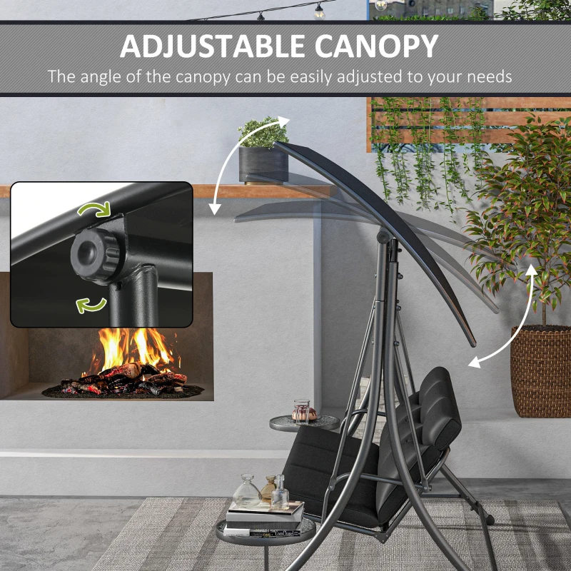 Outsunny 3 Seat Outdoor Swing Chair Steel Swing Bench Porch Swing With Adjustable Canopy & Coffee Tables & Cushion for Patio Garden, Black