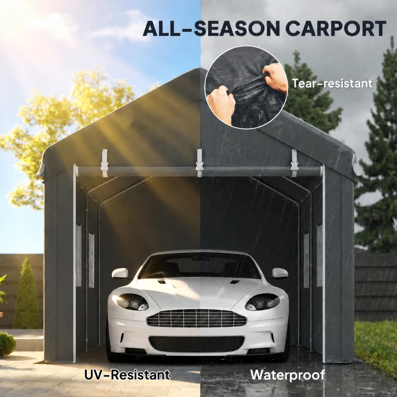 Outsunny 10' x 20' Carport, Heavy Duty Portable Garage with 6 Mesh Windows and Door, Dark Grey