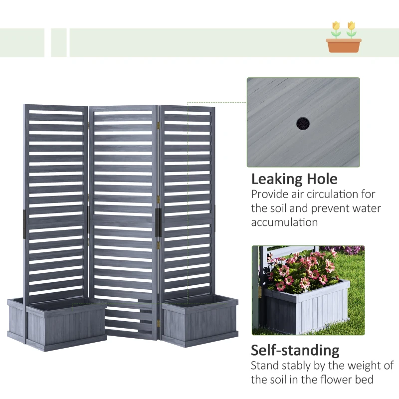 Outsunny Outdoor Privacy Screen Wood Privacy Panel with 4 Planter Boxes, Raised Bed with 3 Panels, Drainage Holes, Grey