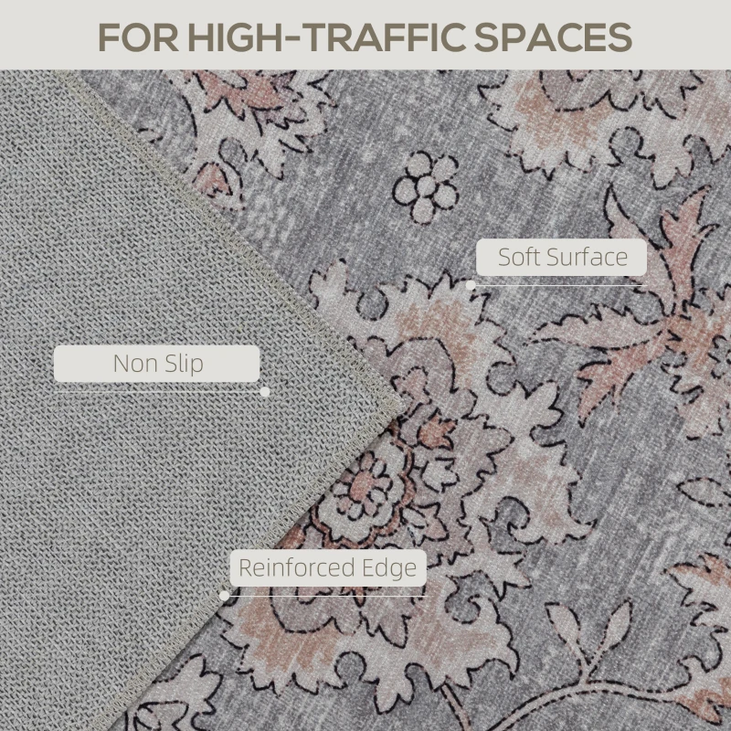 HOMCOM Machine Washable Area Rug 5x7, Non-Slip Traditional Flower Print Floor Carpet for Living Room, Bedroom, Grey and Brown