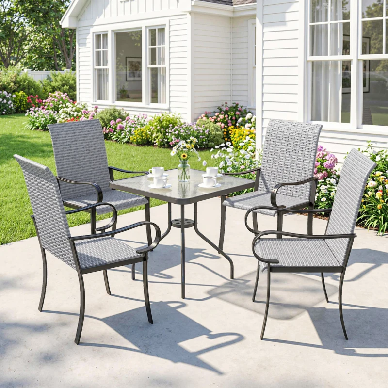 Outsunny Set of 4 Outdoor Wicker Dining Chairs with Armrest, Steel Frame, High Back and Deep Seating, Gray