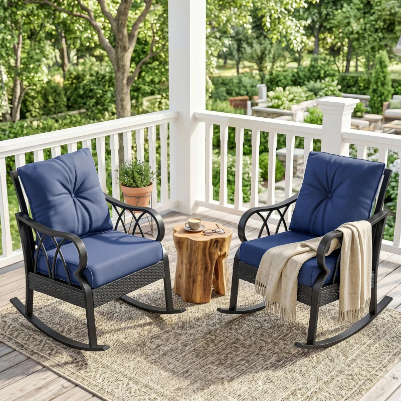 Outsunny 2 Piece Outdoor Wicker Rocking Chairs Rattan Porch Rockers with Cushions, Aluminum Frame for Garden, Patio, Blue