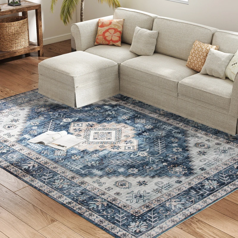 HOMCOM 6x9 Area Rug, Vintage Machine Washable Rug, Non-Slip Floor Carpet for Living Room, Bedroom, Dining Room, Blue