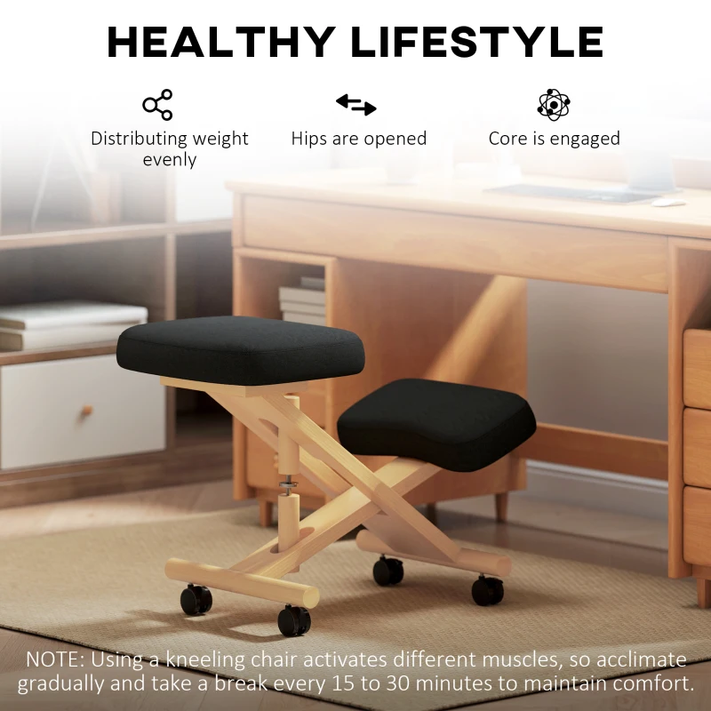 HOMCOM Ergonomic Kneeling Chair, Posture Chair with Rubberwood Frame, Rolling Wheels for Office, Posture Correction, Black