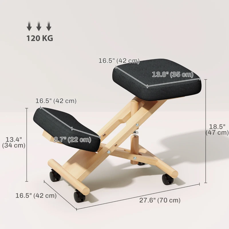 HOMCOM Ergonomic Kneeling Chair, Posture Chair with Rubberwood Frame, Rolling Wheels for Office, Posture Correction, Black