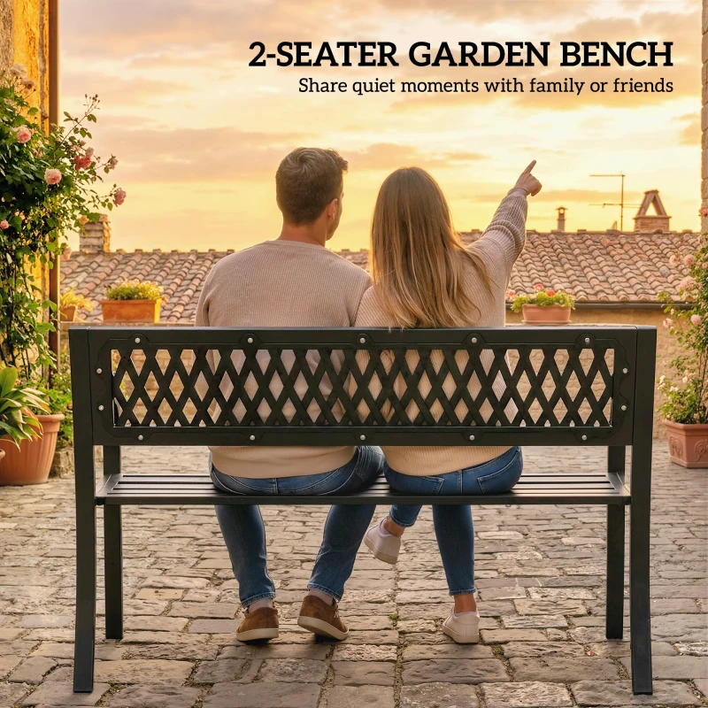 Outsunny Outdoor Bench with Floral Backrest 2 Seater Garden Bench with Armrests for Yard Park Balcony Black