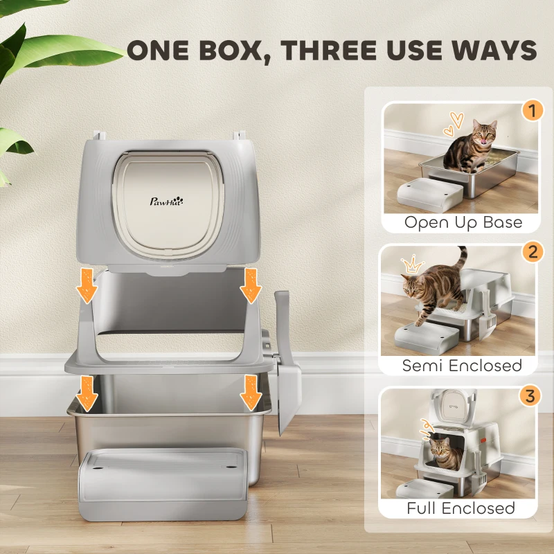 PawHut XL Stainless Steel Cat Litter Box, Kitty Litter Box with Flip Cover, Pedal, Deodorizer, for Big Cats