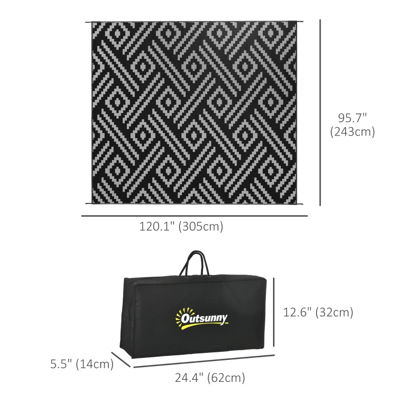 Outsunny Reversible Outdoor Rug Waterproof Plastic Straw RV Rug with Carry Bag, 8' x 10', Black and Grey Geometric