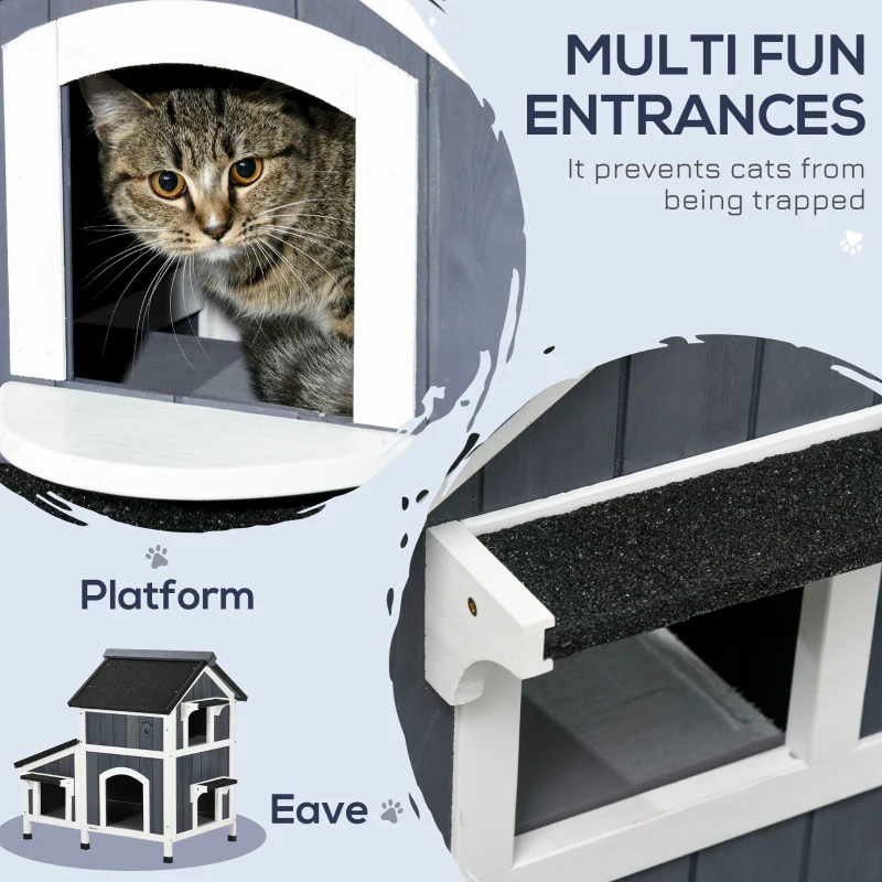 PawHut Outdoor Cat House with Weather-resistant Roof & Garden Bed, Outdoor Cat Shelter Enclosure with Multiple Entrances, Gray