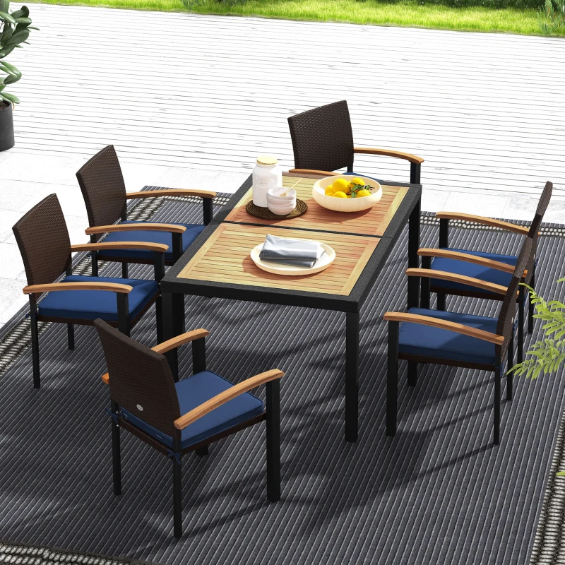 Outsunny Patio Table and Chairs Outdoor Dining Set w/ Acacia Wood Table Top, Cushions, for Backyard, Balcony, Garden, Black