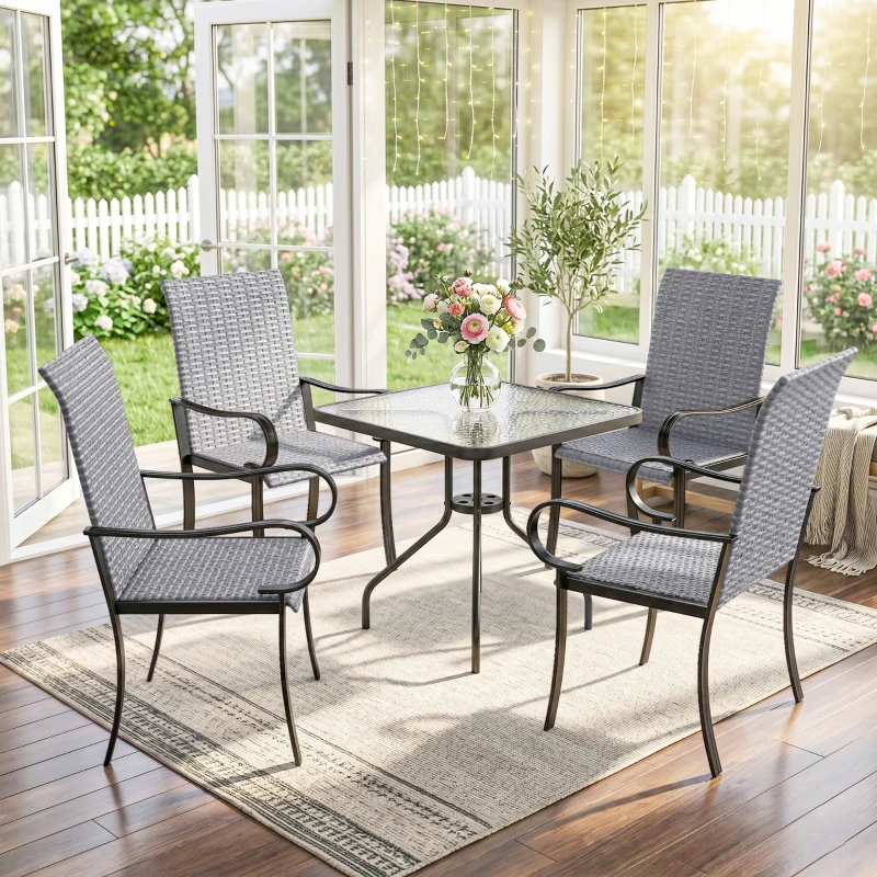 Outsunny Set of 4 Outdoor Wicker Dining Chairs with Armrest, Steel Frame, High Back and Deep Seating, Gray