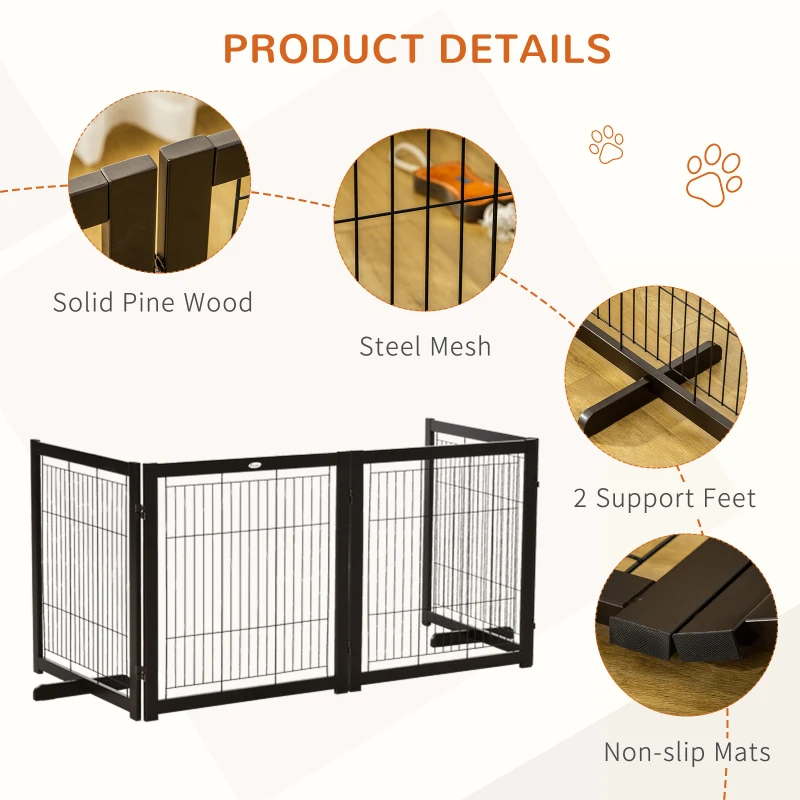 PawHut Wooden Dog Gate for Small & Medium Dogs 4 Panel w/ Support Feet Foldable Pet Fence for House Doorway Coffee