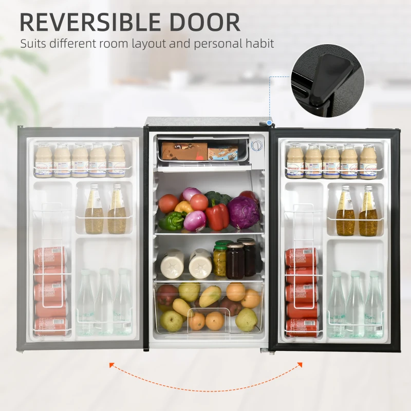 HOMCOM 3.2 Cu.Ft Mini Fridge with Freezer, Compact Refrigerator with Adjustable Thermostat, Shelf and Single Reversible Door for Bedroom, Dorm, Home Office, Energy Efficient, Black