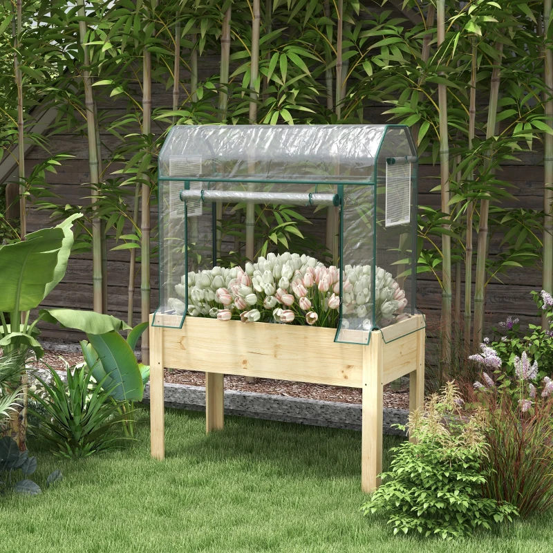Outsunny Raised Garden Bed with Plastic Greenhouse Cover Outdoor Planter Box for Herbs and Vegetables, 45x24x65 inch Natural