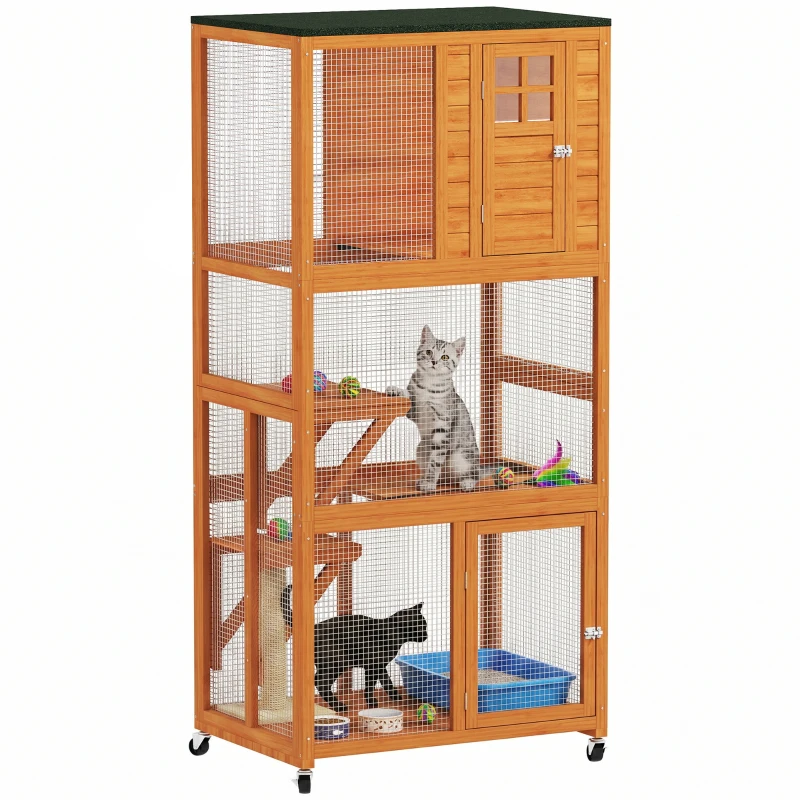 PawHut 74" Wooden Outdoor Cat House Weatherproof & Wheeled with High Weight Capacity, Kitten Cage Condo, Orange