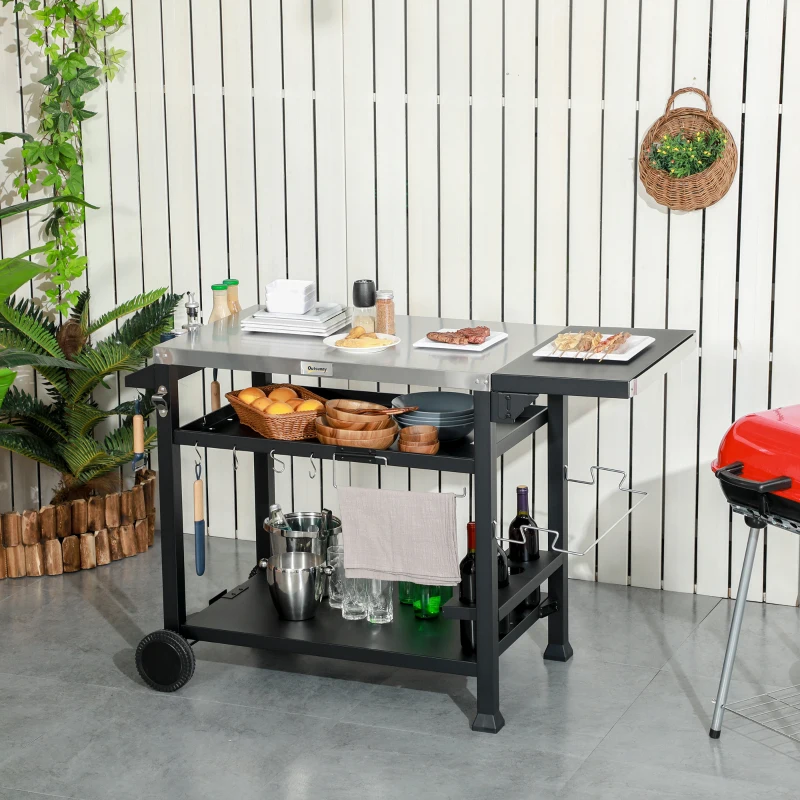 Outsunny 3-Shelf Outdoor Grill Cart Table with Foldable Side Table and Stainless Steel Table Top, Pizza Oven Stand on Wheels