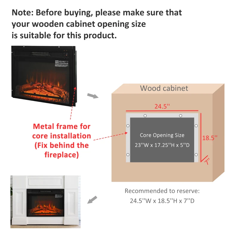 HOMCOM Electric Fireplace Insert for Wood Cabinets with Realistic Flame Effect and Automatic Shut-Off, Black