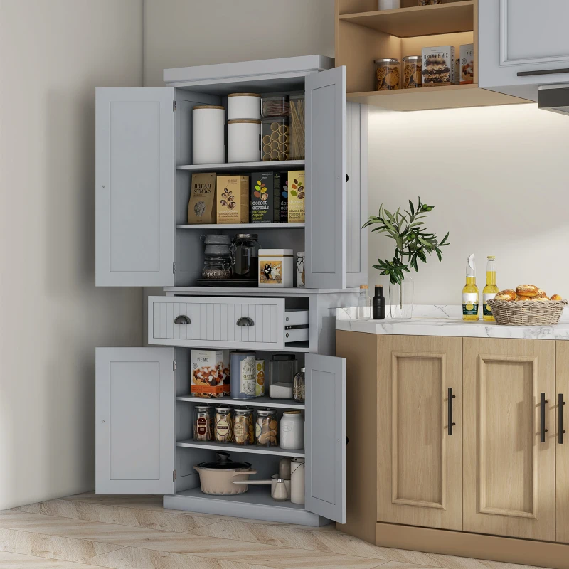 HOMCOM 72" Traditional Freestanding Kitchen Pantry Cabinet Cupboard with Doors and 3 Adjustable Shelves, Gray