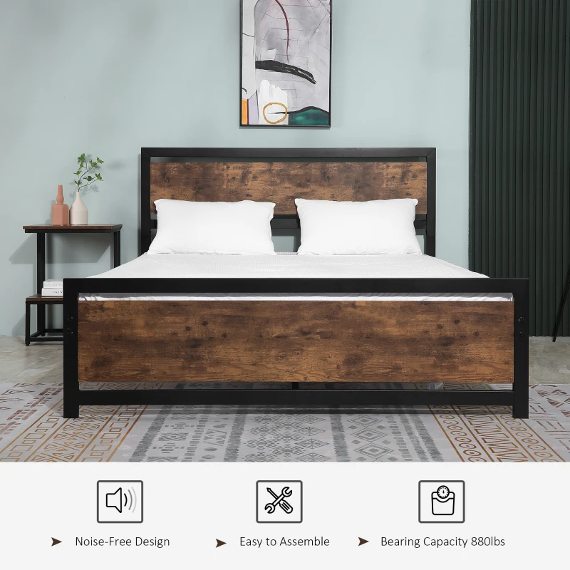 HOMCOM Queen Bed Frame with Headboard & Footboard, Strong Metal Slat Support Bed Frame w/ Underbed Storage Space, No Box Spring Needed, 63''x82''x40.5''