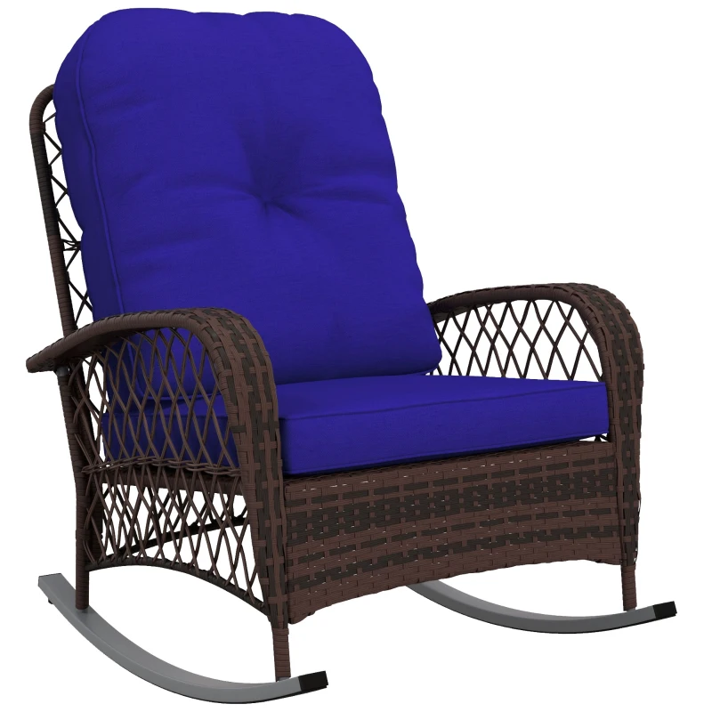 Outsunny Rattan Porch Rocker w/ Plush Cushion, Dark Blue