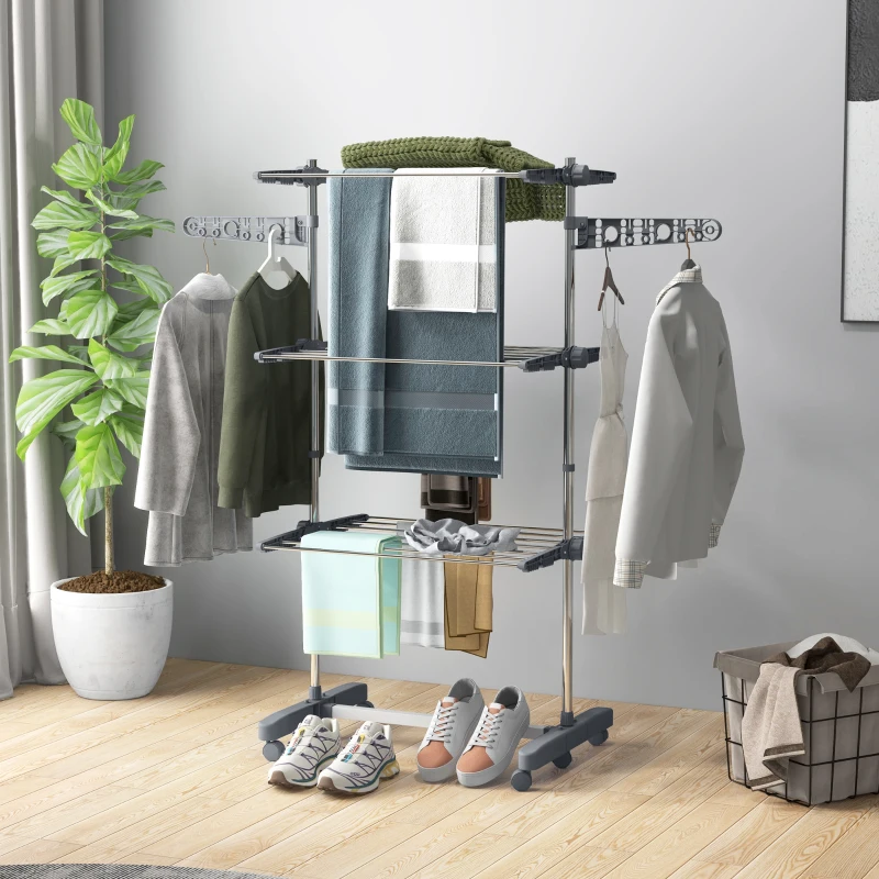 HOMCOM 3-Tier Foldable Clothes Drying Rack, Stainless Steel Laundry Rack with 2 Side Wings and 6 Castors, Collapsible Adjustable Clothes Airer for Indoor Outdoor, Grey
