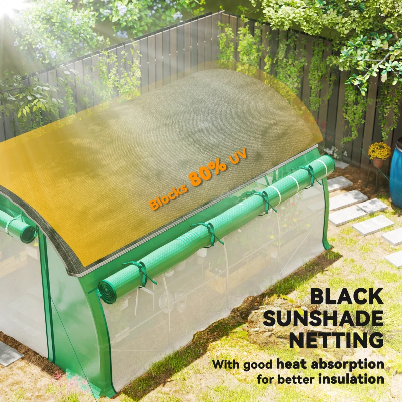 Outsunny Walk-in Tunnel Greenhouse, Plant Hot House with Sunshade Net, Roll-up Mesh Sidewalls, 2 Doors, 10' x 13' x 6.5' , Green