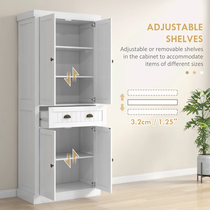 HOMCOM 72" Kitchen Cabinet, Kitchen Pantry Cabinet with 4 Doors, 2 Adjustable Shelves and Drawer, Distressed White