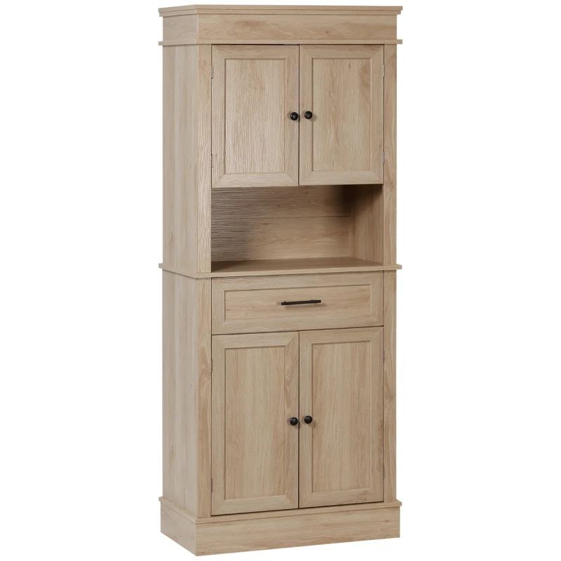 HOMCOM Modern Freestanding Kitchen Pantry Cabinet with Doors Open Shelves Adjustable Shelving Microwave Space, Oak