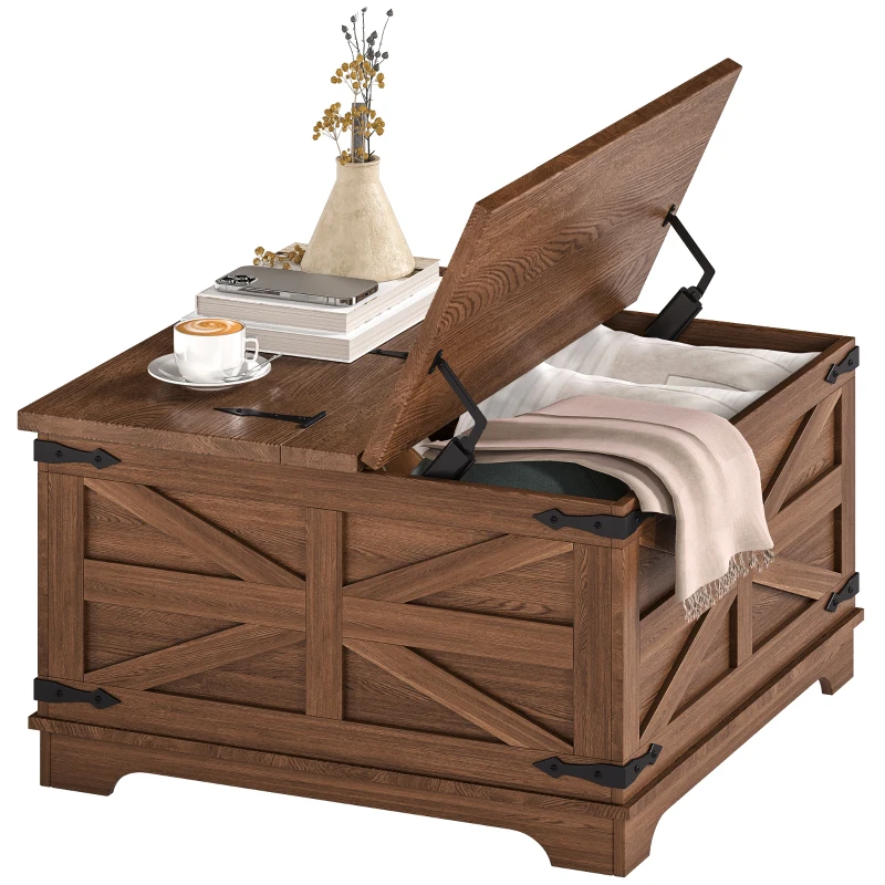 HOMCOM Farmhouse Coffee Table, Square Center Table with Flip-top Lids, Hidden Storage Compartment, Distressed Brown