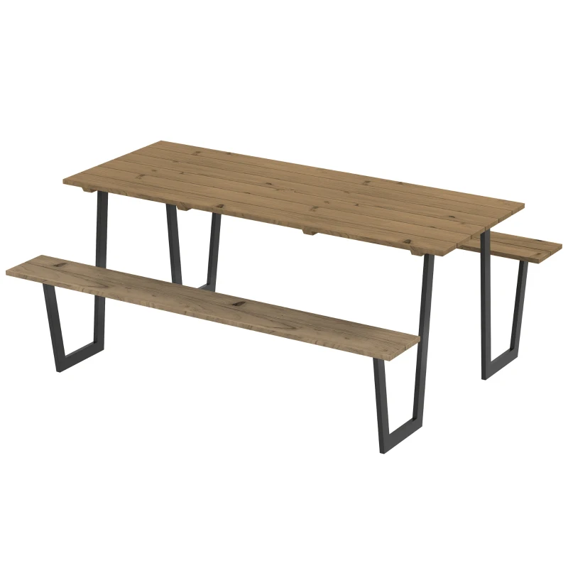 Outsunny 5.7 FT Outdoor Picnic Table with 2" Umbrella Hole, Spruce Wood Dining Table and 795 LBS Benches with Steel Frame, Brown