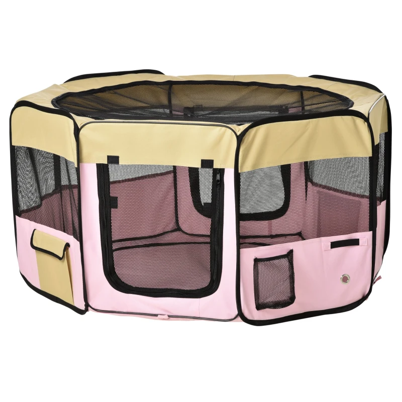 PawHut 49-inch Large Exercise Puppy Pet Playpen Portable Dog Cat Pet Play Pen Pet Cage Tent Kennel Crate Pink Carry Bag Included