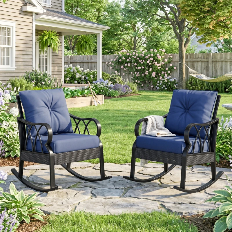 Outsunny 2 Piece Outdoor Wicker Rocking Chairs Rattan Porch Rockers with Cushions, Aluminum Frame for Garden, Patio, Blue