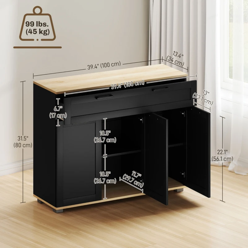 HOMCOM Sideboard Buffet Cabinet, Modern 40" Coffee Bar Cabinet with Wide Drawer, 3 Doors and 2 Adjustable Shelves, Black