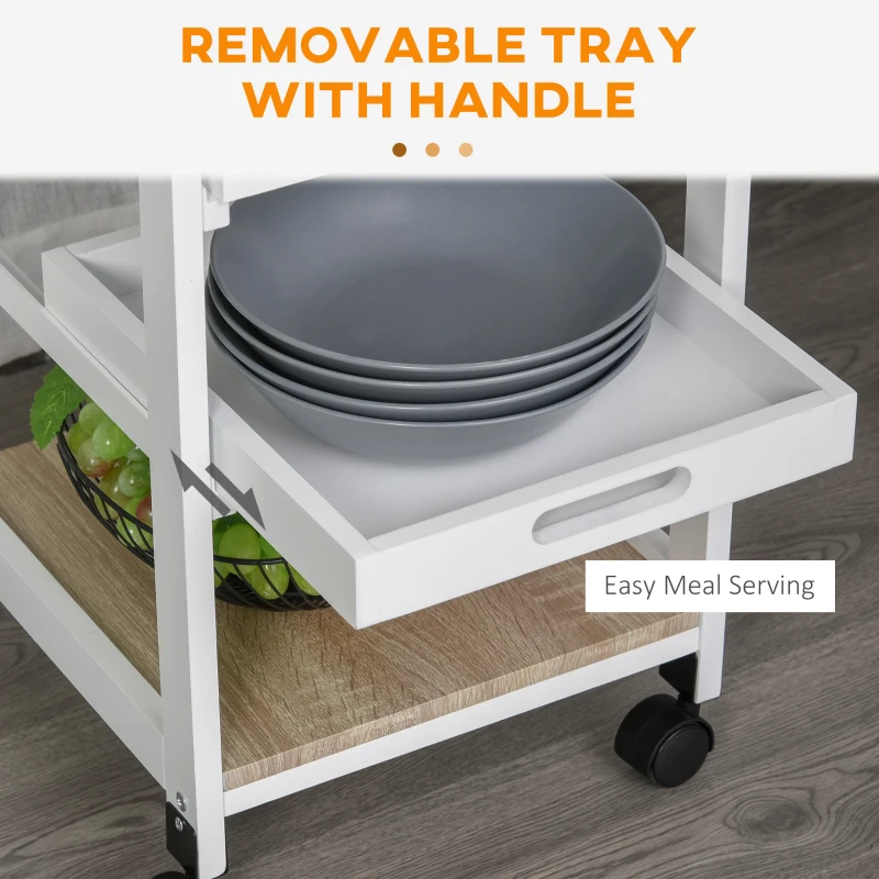 HOMCOM Rolling Kitchen Island Cart, Mobile Utility Storage Cart with Drawer, Wire Storage Basket, Removable Tray, White