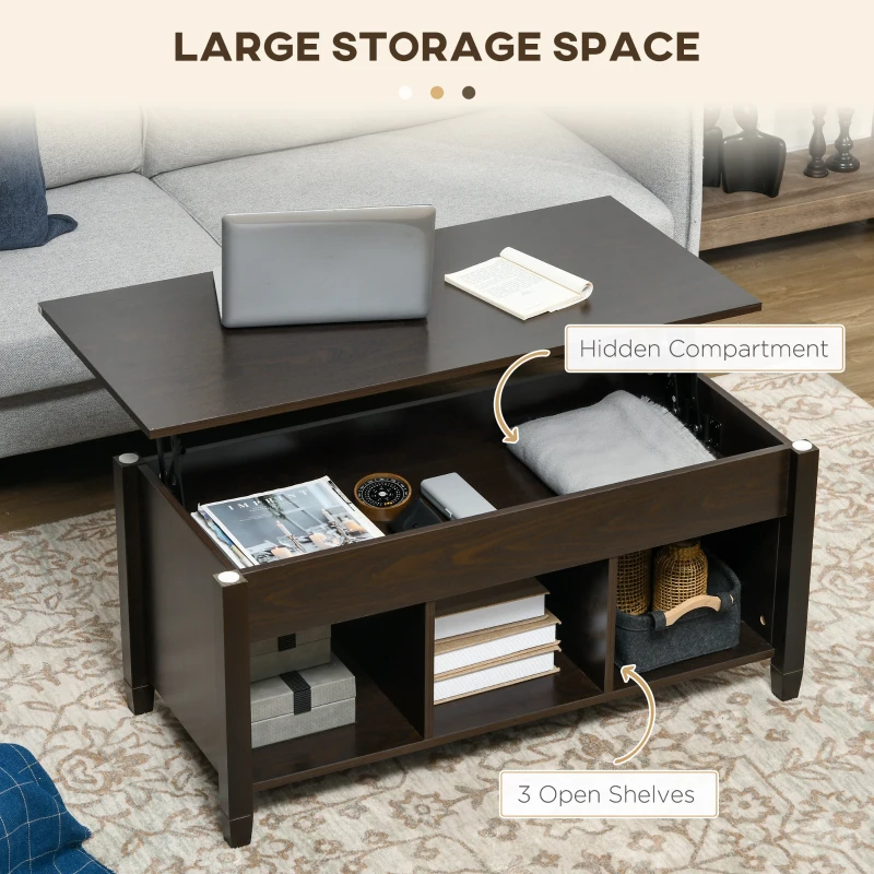 HOMCOM Lift Top Coffee Table, Modern Center Table with Storage Shelves and Hidden Compartment for Living Room, 41" L, Espresso
