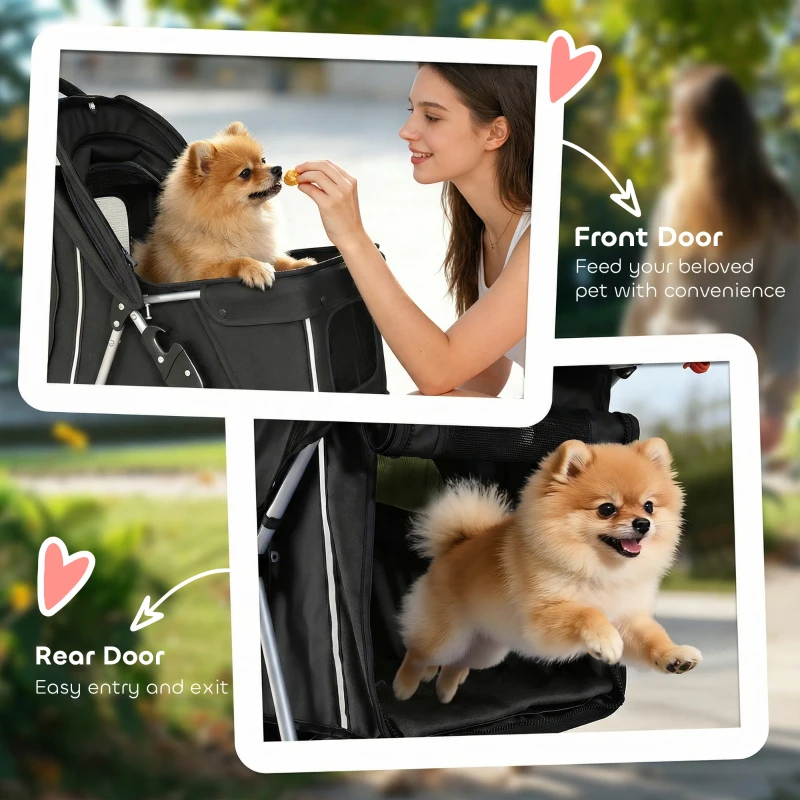 PawHut 3 Wheels Foldable Dog Stroller with Storage Basket, Adjustable Canopy, Cupholder for Miniature and Small Dogs, Black