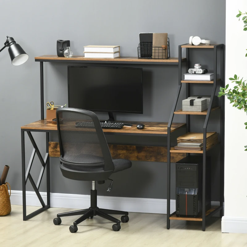 HOMCOM 59" Computer Desk with Storage Shelves, Study Writing Table for Home Office, Industrial Modern Workstation, Rustic Brown