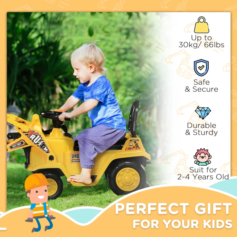 Aosom Ride On Excavator Toy No Power Digger with Realistic Sound Grabber Storage, for 2-4 Years Old, 32.7"x10.6"x15.4", Yellow
