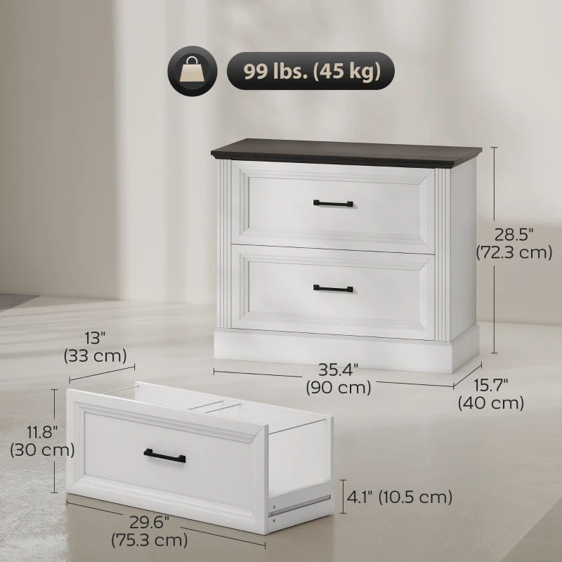 HOMCOM Lateral Filing Cabinet, Farmhouse File Cabinet with 2 Silent Drawers for Letter/A4/Legal Size Files, White