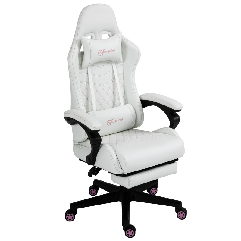 Vinsetto High Back PU Leather Gaming Chair, Racing Computer Chair with Swivel Wheels, Retractable Footrest, Headrest, Lumbar Support, and Armrest, White and Pink