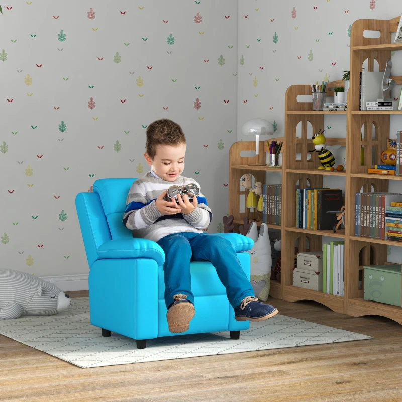 Qaba Kids Leather Recliner Chair with Armrest, Footrest, Headrest for Boys and Girls 3-9 Years Old, Blue