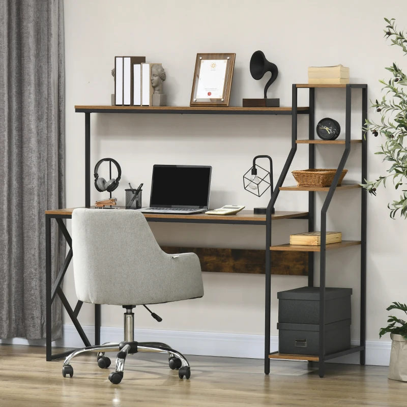 HOMCOM 59" Computer Desk with Storage Shelves, Study Writing Table for Home Office, Industrial Modern Workstation, Rustic Brown