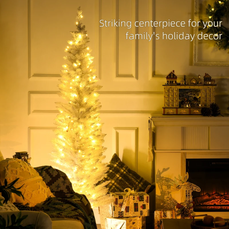 HOMCOM 6' Pre Lit Artificial Pencil Christmas Trees, Xmas Tree with Realistic Branches and Warm White LED Lights, White