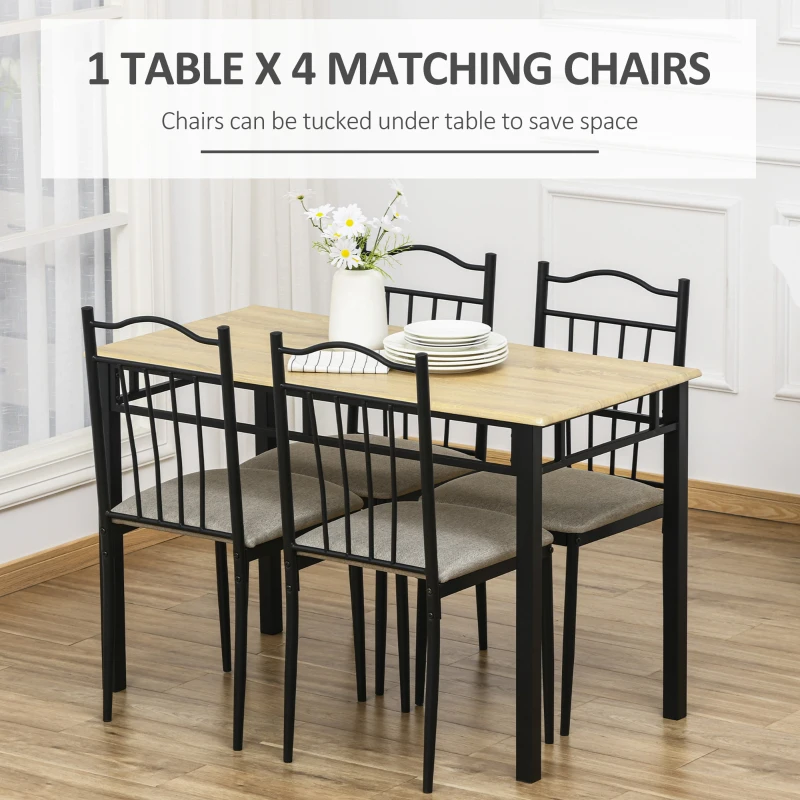 HOMCOM 5 Piece Dining Table and Chairs Set Wood Top Metal Frame Padded Seat Dining Table Set Home Kitchen Dining Room Furniture, Black