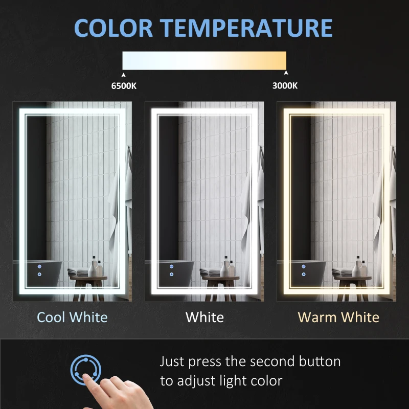 kleankin Bathroom Mirror with LED, Dimmable Vanity Mirror with 3 Light Colors, Memory Function Vertical and Horizontal Mount