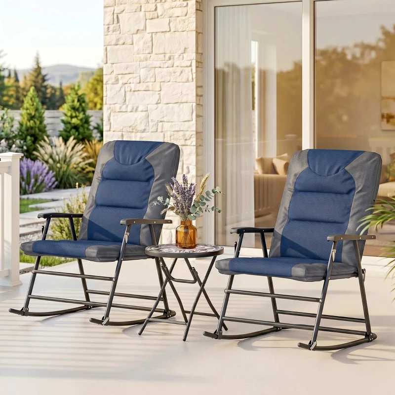 Outsunny 3pc Patio Foldable Rocking Chair Set, Outdoor Rocking Chairs and Table Bistro Set w/ Padded Seat, Headrest, Backrest for park, backyard, garden, Blue