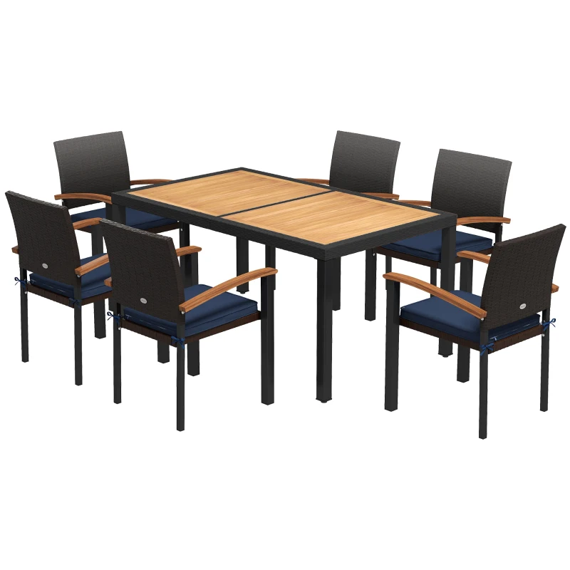 Outsunny Outdoor Dining Set 7 Pcs Space-Saving PE Rattan Patio Table and Chairs w/ Acacia Wood Table Top Soft Cushions, Black