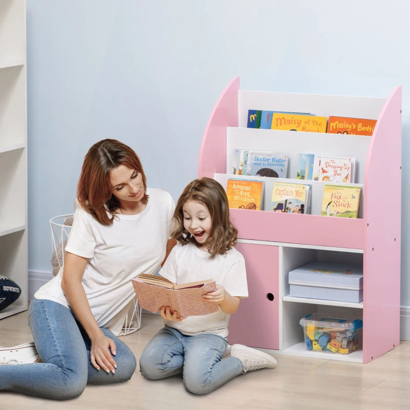Qaba Toy Storage Organizer, Kids Bookshelf, Freestanding Children Bookcase with Cabinet for Toys Clothes Books, Pink